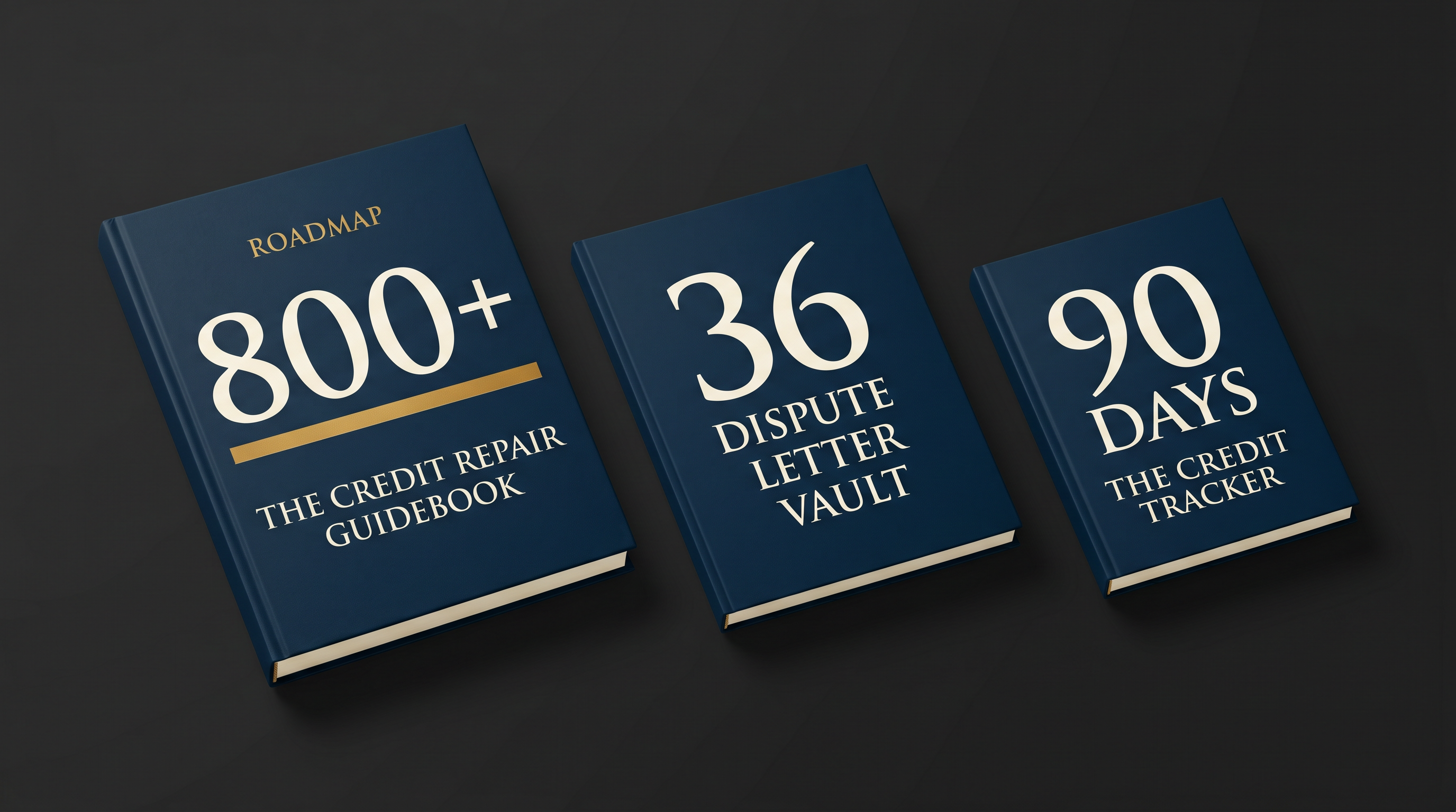 Roadmap to 800+, three PDF covers: the 61-page Guidebook, the 36-letter Dispute Vault, and the 96-page 90-Day Tracker.